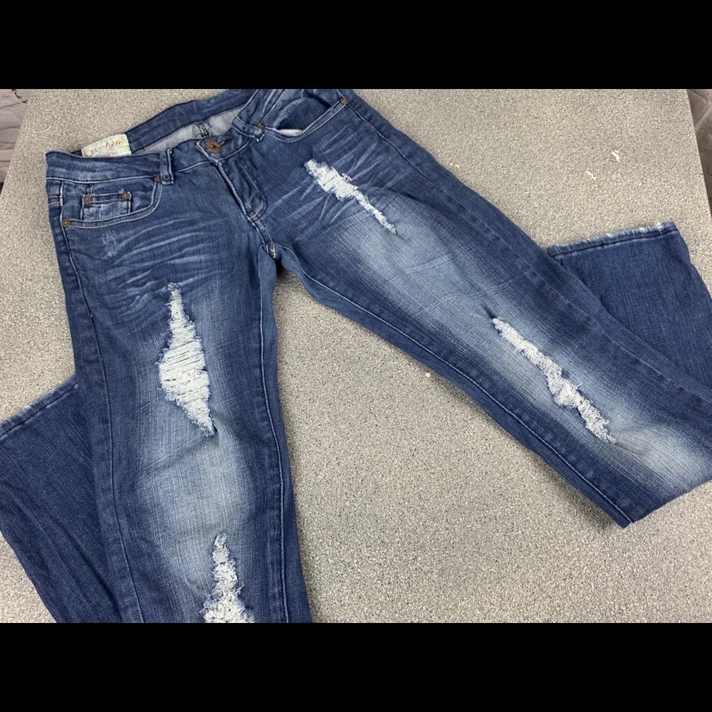Machine distressed straight leg jeans